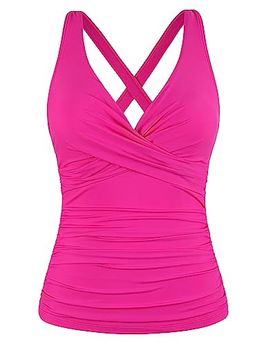 Hilor Women's Underwire Tankini Top Tummy Control Bathing Suits Sexy V Neck Crossover Swim Top Only