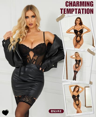 RSLOVE Lingerie Sets for Women Outfits - 4 Piece Set Underwire Lace Corset Teddy Push Up Bodysuit with Garter and Panty4