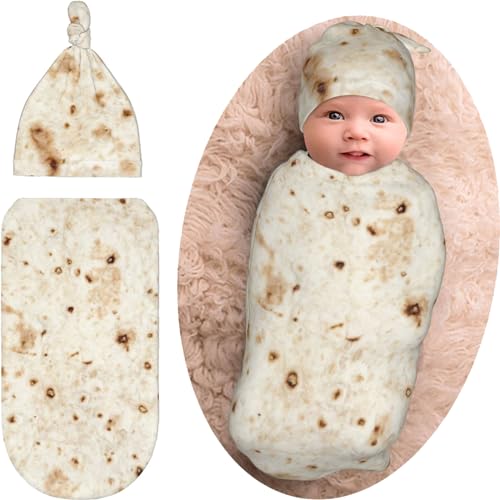 Image of Burrito Tortilla Baby Swaddle Blanket Beanie Set, Soft and Stretchy Taco Newborn Blanket Swaddle Sack Funny Gift for Boy and Girl Baby Shower