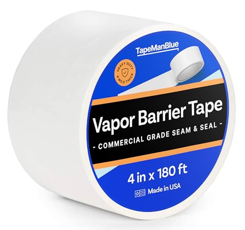 Vapor Barrier Tape - 4 inch x 180' Roll, Made in USA, White Polyethylene Tape for Crawl Spaces & Moisture Barriers, Waterproof Seal & Seam Tape for Underlayment, Insulation, and Plastic Liners (1)