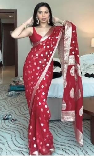 Image of SATAZ Women's Ready to Wear Saree Cotton Linen Silk 1 Minute Pre Pleated Saree with Unstitched Blouse (Red)