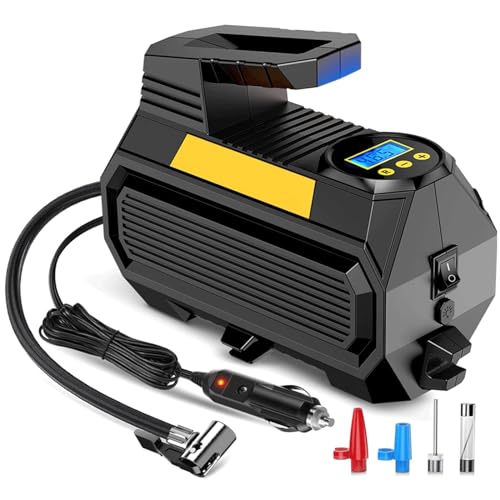 LONLEEYU Tire Inflator, Portable Air Compressor Pump for Car Tires, 12V DC Auto Tire Pump with Digital Pressure Gauge, Up to 150PSI with Emergency LED Light for Bicycle, Balloons