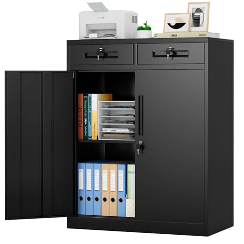 Greenvelly Metal Storage Cabinet, 36' H Lockable Storage Cabinet with 2 Drawers and Adjustable Shelf, Locked Metal Cabinets for Office, Garage, Home (Black)