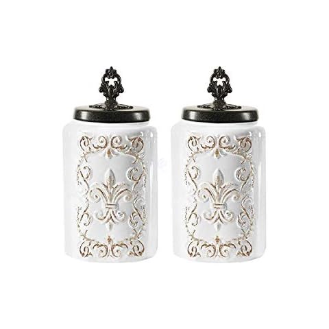 American Atelier Ceramic Canister Set 2-Piece Jars Chic Design w/Airtight Stainless Steel Lids for Cookies, Candy, Coffee, Flour, Sugar, Rice, Pasta, Cereal & More - Large, white, 2 large Cover