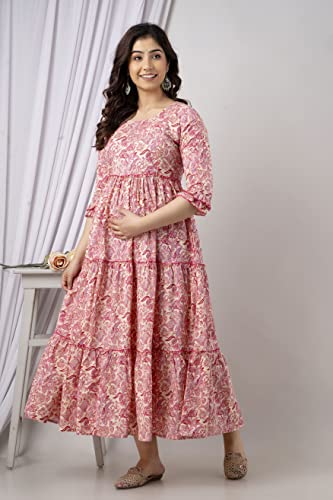 Image of Women's Cotton Anarkali Comfortable Maternity Feeding Kurta Dress with Zippers