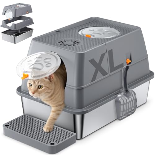QEANY Lettiera per gatti in acciaio inox con coperchio, 60 x 40 x 39 cm, in acciaio inox, grande lettiera chiusa con pala e tappetino, a prova di perdite e facile da pulire, per gatti di grandi