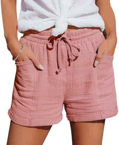 Geleglaer Linen Shorts for Women Bermuda Straight Drawstring Pants Elastic Waist Trendy Summer Casual Loose Short with Pockets Pink XL