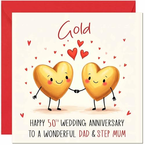Gold Anniversary Card for Dad & Step Mum - 50th Wedding Anniversary Cards for Step Mum & Dad Cute Anniversaries Greeting Cards
