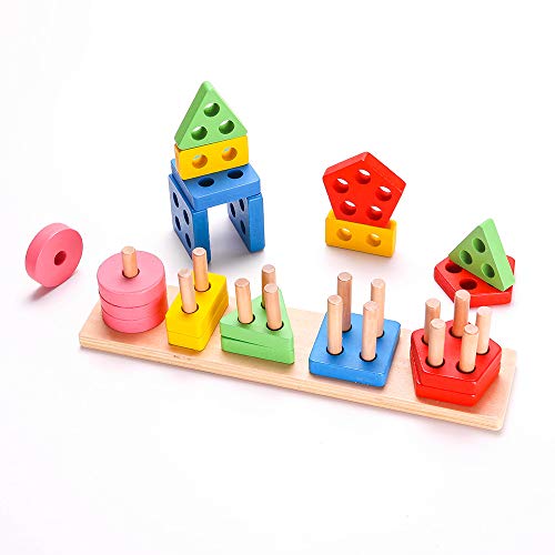 RUIDELI Wooden Educational Geometric Toys, Preschool Learning Shape Color Recognition Geometric Stacking Blocks, Toddler Geometric Sorting Board Blocks