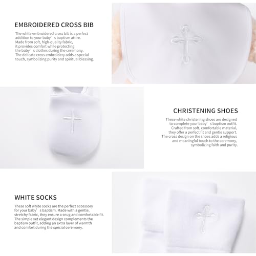 Baptism Gifts Set for Boys and Girls,White Embroidered Cross Bibs Christening Shoes and Socks for Baby Infant.3