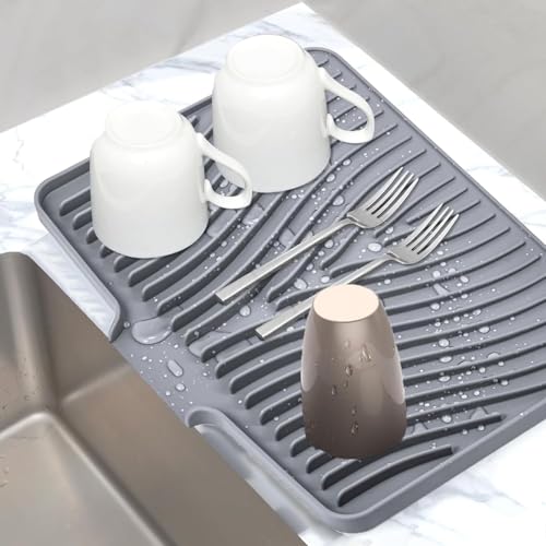 Silicone Dish Drying Mat for Kitchen Counter, Dish Drying Pad, Non-Slip Drain Pad with Built-in Drain, Heat Resistant Stone Drying Mat (Gray, 40*30cm)