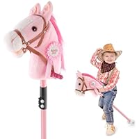 Greeily Hobby Horse, 30\" to 50\" Stick Horse for Cowboys Plush Handcrafted Hobby Horse on a Stick Real Pony Neighing and Galloping Sounds Stainless Steel Pole with Lighting Wheels Sponge Grip