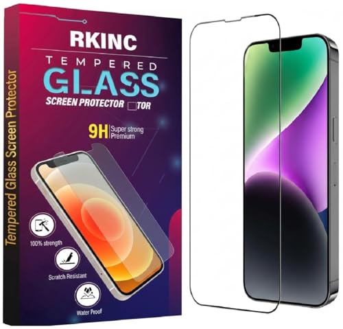 Image of RKINC Tempered Glass for iPhone 13 /13 Pro / 14 / 16e (6.1 Inch) Military Grade Gorilla Screen Guard Protector | With Installation Kit | Edge to Edge Coverage | Black