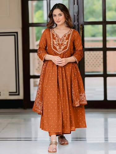 Image of Arayna Women's 100% Pure Cotton Anarkali Kurta Set with Pant & Dupatta | Embroidered Flared Kurta | Elegant Ethnic Suit