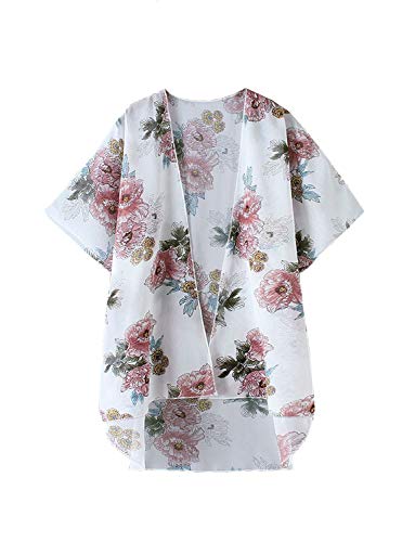 Women's Beach Kimono Jacket Sheer Cardigan Wide Bell Sleeve Sheer Open Floral Shirt Wrap Top (White, 2XL)