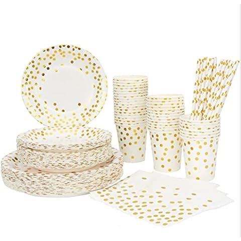 DERGH 126 Pieces Party Tableware Set White and Gold Party Supplies Set Golden Dot Party Paper Plates, Napkin, Paper Straws and Party Tablecloth for Party Cover