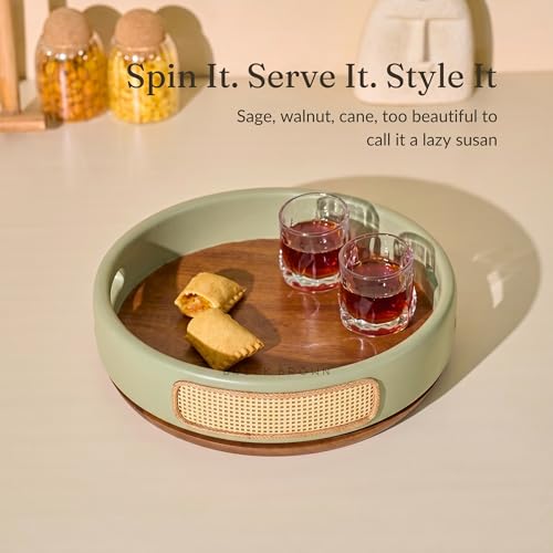 Image of Brick Brown Premium Jali 360 Rotating Wooden Serving Tray with Cane Weaving | Lazy Susan Turntable Tray for Dining Table, Kitchen, Coffee Table | Sage & Walnut Finish Decorative Organizer -12 Inch