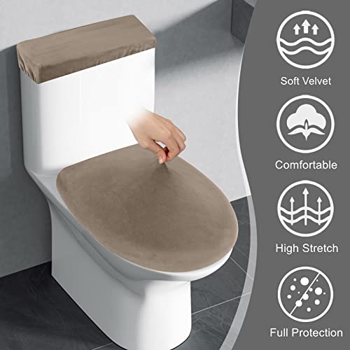 Stretch Velvet Toilettendeckelbezug und WC-Tankdeckelbezug, Badezimmer Super Soft Toilettendeckelbezug Set Luxus Samt Plüsch, mit elastischem Boden, Maschinenwäsche, Braun – Bild 3
