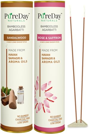 PureDay - Pack of 2-160 Dhoop Sticks - Bambooless Agarbatti - Rose & Saffron - 1 Unit, Sandalwood - 1 Unit - Made with Havan Samagri & Aroma Oil - Free Ceramic Stand