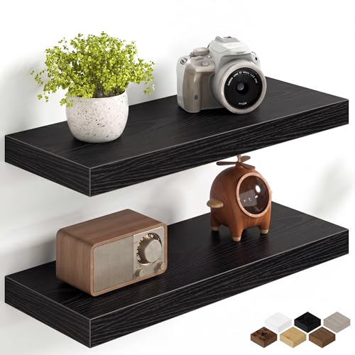Image of Fun Memories 20Inch Floating Shelves for Wall, 8 Inch Deep Shelves for Bathroom|Bedroom|Kitchen Wall Mounted, Wood Hanging Shelf with Invisible Brackets for Home Storage Decor, Black - 2 Pack