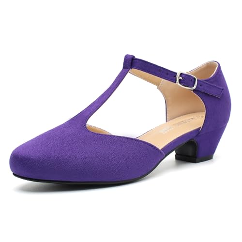 Image of MAIERNISI JESSI Women's T-Strap Mary Jane Pumps, Low Block Heel, Closed Toe, Buckle Ankle Strap
