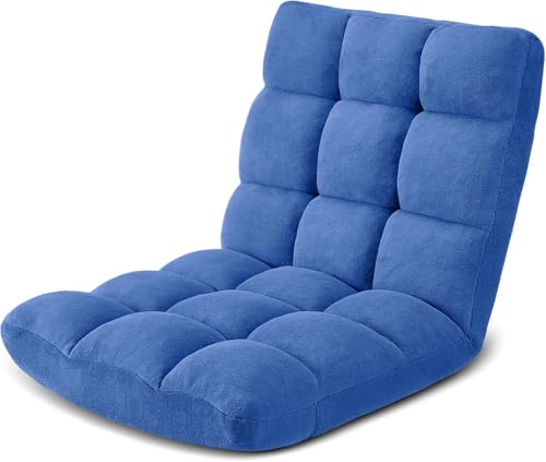 Image of Folding Floor Gaming Chair with Back Support - 14-Position Adjustable Recliner, Cozy Velvet & Sponge Cushion, Japanese KOYO Metal Frame for Adults Kids, Ideal for Gaming Meditation Napping - Blue