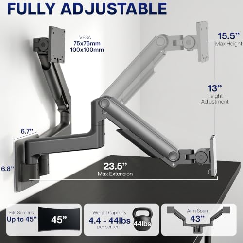 Image of VIVO Premium Dual Monitor Arm Wall Mount, Fits Ultrawide Screens up to 45 inch, 44 lbs per Arm, Counterbalance Articulating, Heavy Duty Double Monitor Wall Mount, Max VESA 100x100, Black, MOUNT-V202V