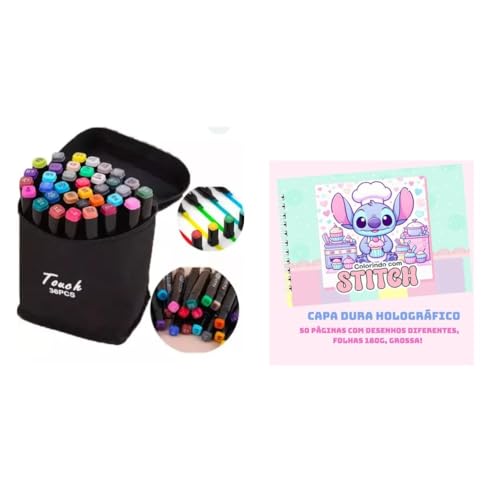 Kit Livro De Colorir Stitch + Conjunto Estojo Canetas Canetinha 36 Cores Bobbie Goods (Rosa)