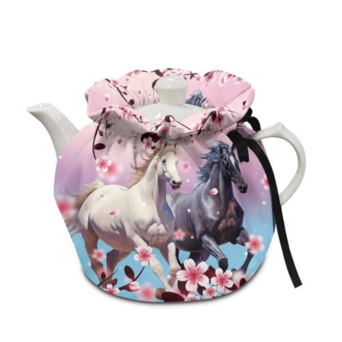 Rweroyiu Black White Horse Tea Cozy for Tea Lovers Cherry Blossoms Teapot Cozies Dust Cover with Insulation Pad Practical Kettle Cover Keep Breakfast Warmer Kitchen Home Decor for Mom, Wife, Friends