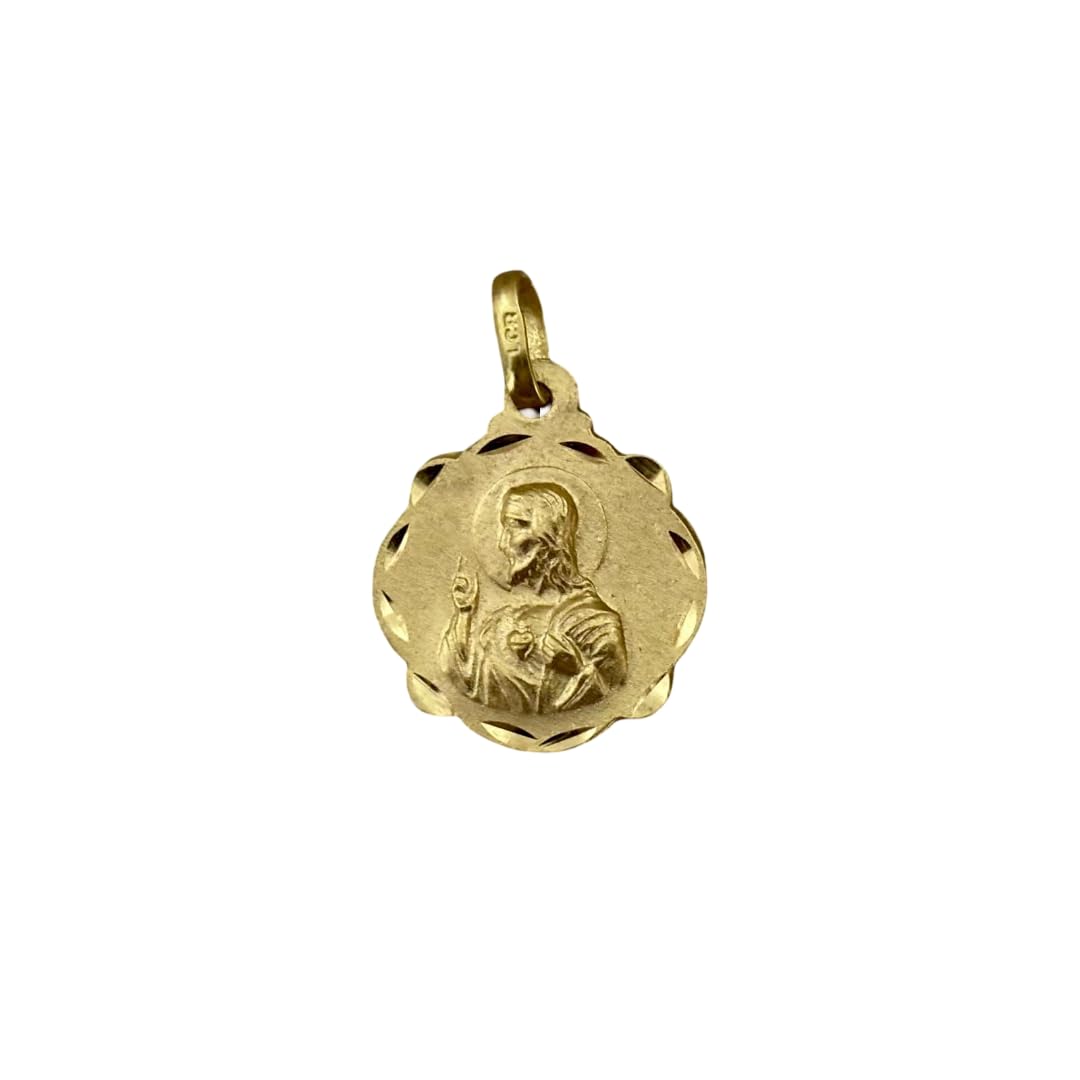 Medalla Escapulario Virgen del Carmen y Sagrado Corazón de Jesús, Plata de Ley 925 Bañada en Oro, Doble Cara con Cerco Tallado, 16x20mm