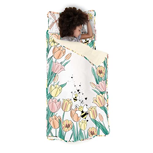 JumpOff Jo Extra Long Nap Mat for Kids - Cozy Kids Rest Mat with Removable Pillow and Ultra Soft Blanket for Preschool, Daycare, and Sleepovers - Tulip Fields