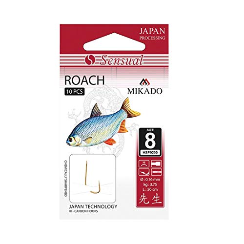 10x MIKADO Sensual Roach scharfe Rotaugenhaken Angelhaken (Gold) Größe 8 / Vorfach Ø0,16mm / 70cm