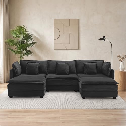 Image of Corduroy Sectional Couch, 3 Seater 113 inch U Shaped Cloud Couch with 2 Ottomans, Modular Deep Seat Sofa with Pillows for Living Room, Apartment, Black