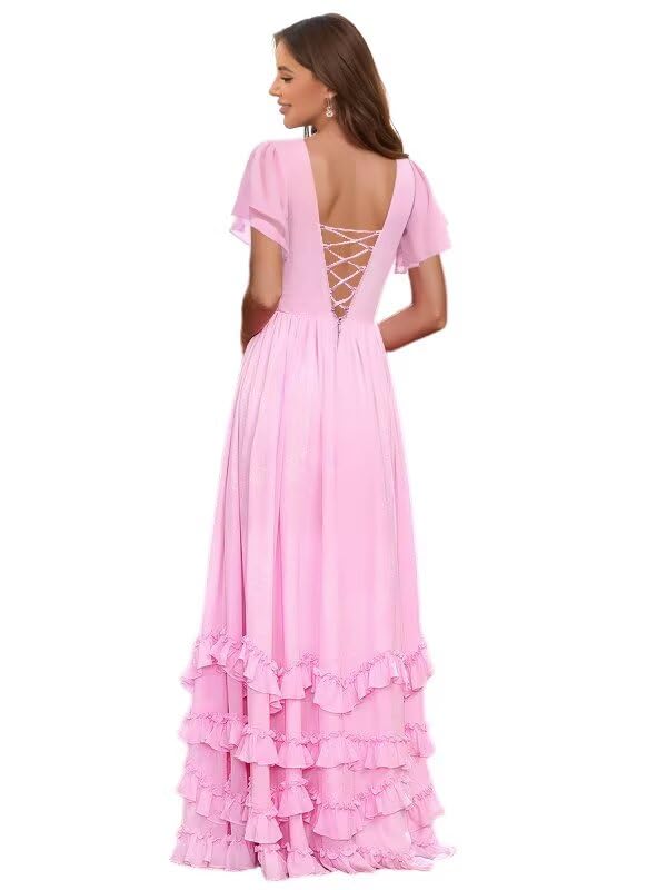 BITALY Short Sleeve Bridesmaid Dresses for Women 2025 Chiffon Long Ruffle V Neck Formal Dress with Slit BI1202
