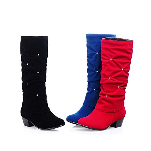 Mioke Women's Fashion Slouch Mid Calf Riding Boots With Rhinestone Round Toe Suede Cozy Low Heel Dress Boots #TOP7