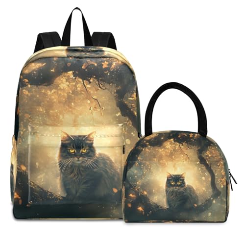 Backpack Lunch Bag Set Fantasy Night Cat Print, Big Storage Travel Backpacks with Insulated Lunch Box for Office Hiking Picnic