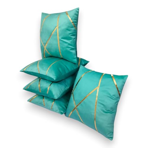 Image of Zikrak Besur Gold Stripe On Velvet|Pack of 5 Cushion Cover|for Home Decoration|Living Room Decor|Hotel Premeuim Qulaity Cushion Cover|Exclusive ON Amazon (Aqua, 18 X 18 INCH(45 X 45 CM))