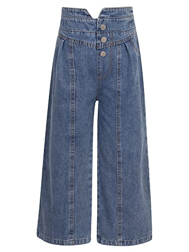 Kids Girls Distressed Wide Leg Jeans High Elastic Waist Buttons Front Denim Pants Baggy Trousers with Pockets