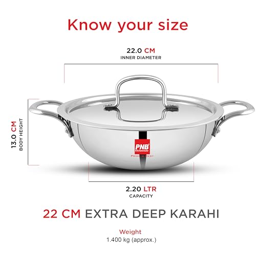 Image of PNB Kitchenmate Triply Stainless Steel deep Fry kadai - 2.4 Liter | Induction Compatible triply kadai with lid | Stainless Steel cookware | Triply cookware with lid |Dishwasher Safe|5 Year Warranty