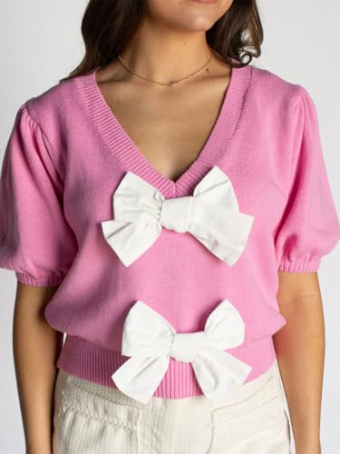 Womens Short Puff Sleeve Cropped Knit Sweater Tops V Neck Double Bow Tie Solid Color Casual Pullover Sweater2