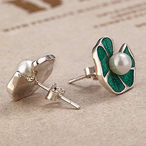 Pendientes de plata antialérgicos hechos a mano con perlas y esmalte verde retro cómodos 5