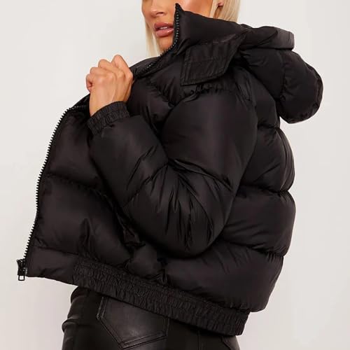 Women's Winter Fashion Crop Puffer Jacket Teen Girl Warm Hooded Cotton Padded Jacket Y2K Pockets Baggy Short Coats3