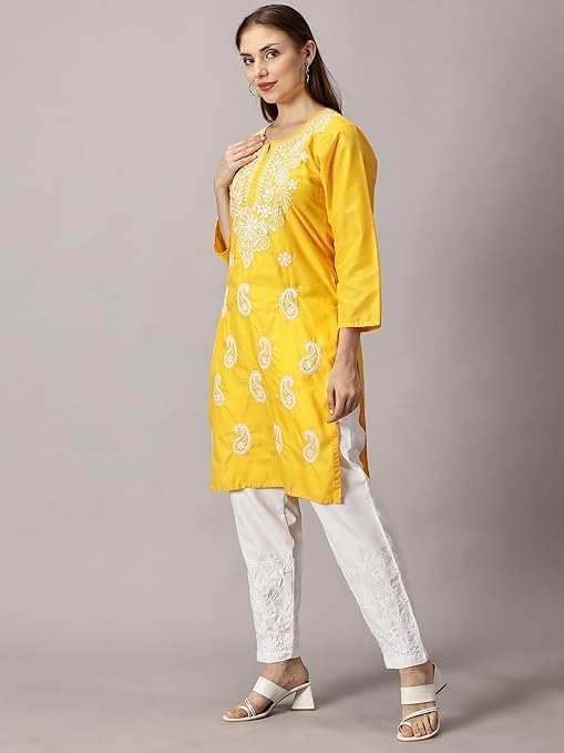 Image of FCH, Fashionable Chikan Handikraft Women's Cotton Lucknowi Chikankari Printed Straight Kurta for Regular Wear Girls Flared Kurta