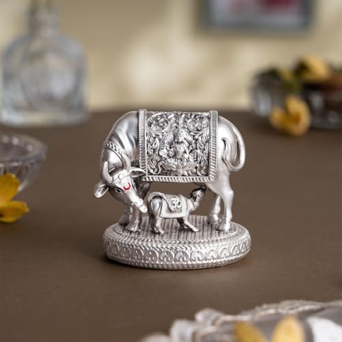Image of Svastika 999 Silver Plated Kamdhenu Cow with Calf Idol | 2.5 Inch Kamadhenu Gomatha Vastu Showpiece | Kaamdhenu Idol for Puja | Anniversary Wedding Housewarming Gift