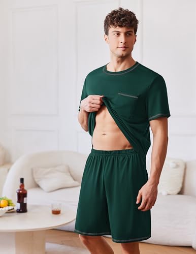 Image of Ekouaer Men's Pajamas Set Casual Short Sleeve Shirts and Shorts Soft 2 Piece Loungewear With Pockets