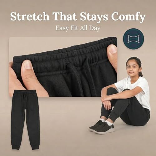 Image of EVERYDAY KIDS Girls' Cotton Fleece Sweatpants; Girls' Activewear Jogger Pants - Soft and Breathable Cotton /Poly Blend