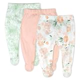 Picture of HonestBaby 3-Pack Footed Pants Roomy Fit Pull on Bottoms 100% Organic Cotton for Infant Baby Boys, Girls, Unisex, Peach Blossom Floral, Newborn