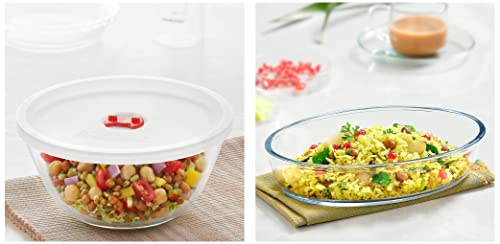 Image of Borosil Oval Baking Dish, 700ml, Transparent & Glass Mixing Bowl with lid, 1.3 L, Oven and Microwave Safe Combo
