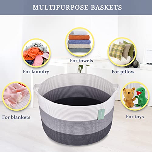 Image of Large Cotton Rope Blanket Basket, 87L Laundry Hamper, White & Gray | Collapsible Woven Nursery Hamper, Sturdy Handles for Clothes Toys Towels, Ideal for Living Room Bedroom Bathroom