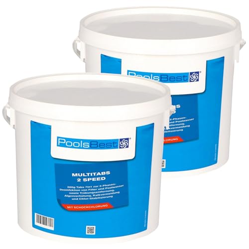 PoolsBest 9,6 kg Chlor  2 x 4,8 kg  Multitabs 2 Speed 7 in 1 I 300g Chlortabletten für Pool mit 2-Phasen Desinfektion I Chlortabs schnelllöslich & langsamlöslich I Dauerdesinfektion & Stoßchlorung